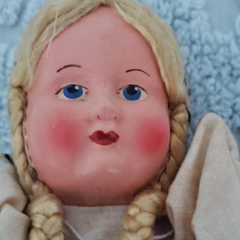 Vintage Polish/Poland Jointed Cloth Sawdust Doll Plastic Face Hair England